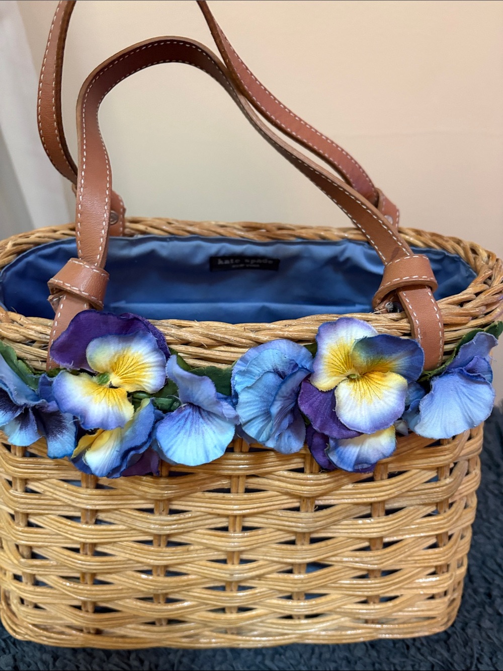 Kate Spade Blue and Purple Floral Wicker Tote with Brown Leather Handle